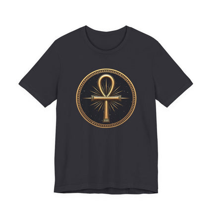 Black t-shirt with gold Egyptian Ankh symbol graphic, representing the Key of Life.