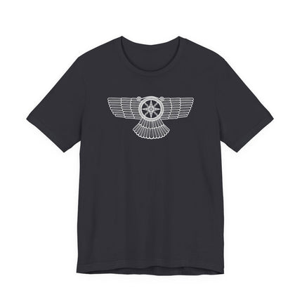 Winged Shamash sun symbol graphic on a black t-shirt, representing Mesopotamian mythology.
