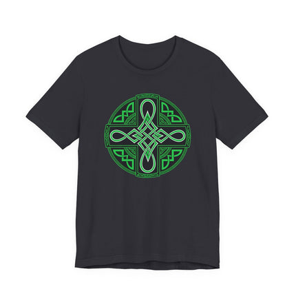 Green Celtic Cross knot graphic on a black t-shirt.