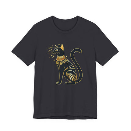 Golden Egyptian cat goddess design on a black t-shirt.