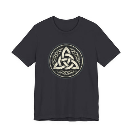 Triquetra Celtic knotwork graphic tee featuring an interlaced knot symbol.