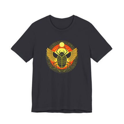 Khepri scarab beetle graphic tee, symbolizing Ancient Egyptian sun god mythology.
