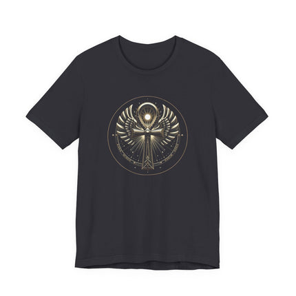 Dark t-shirt featuring a gold Ankh and wings graphic, symbolizing eternal Egyptian life and ancient mythology.