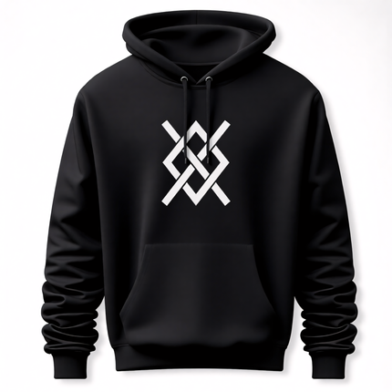 Black hoodie featuring a white Norse knotwork symbol, inspired by Viking or Odin mythology.