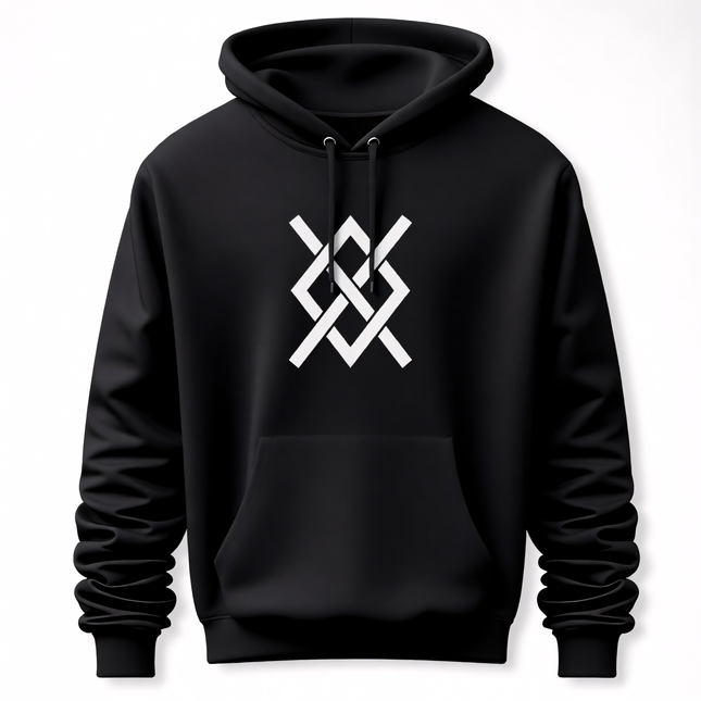 Black hoodie featuring a white Norse knotwork symbol, inspired by Viking or Odin mythology.