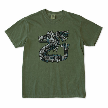 Quetzalcoatl Feathered Serpent graphic tee featuring Aztec Mayan mythology design print.