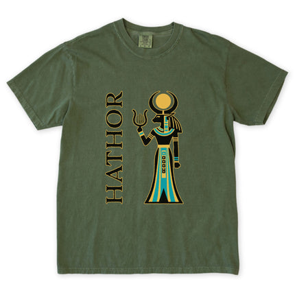 Hathor Egyptian Goddess T-Shirt featuring ancient mythology sun disk and hieroglyphic art.