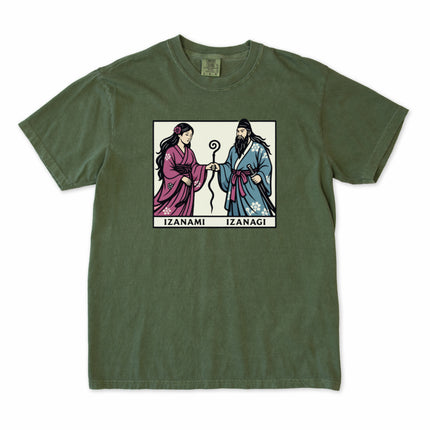 Izanami and Izanagi shinto gods graphic on a unisex t-shirt design.