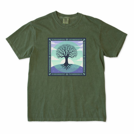 Yggdrasil Tree of Life graphic tee with Celtic knot roots and branches design.