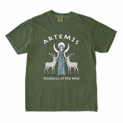 Greek mythology art tee: Artemis goddess featuring moon and stag print on a unisex t-shirt.