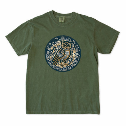 Geometric mosaic owl graphic t-shirt in blue and grey tones. Comfort Colors wisdom tee.