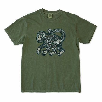 Tribal Mayan monkey graphic t-shirt featuring geometric ancient art symbols on a unisex tee.
