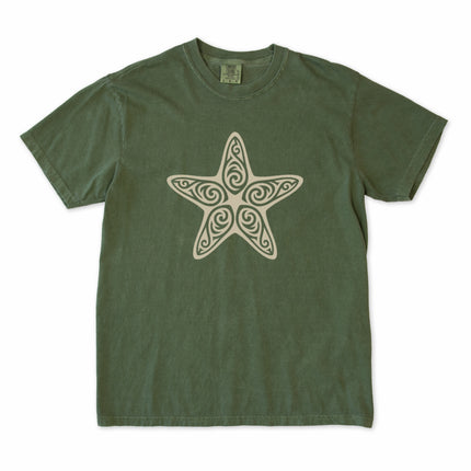 Black unisex t-shirt featuring ornate tribal starfish sea creature graphic print.