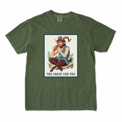 Greek god Pan satyr t-shirt graphic featuring a mythological pan flute design.