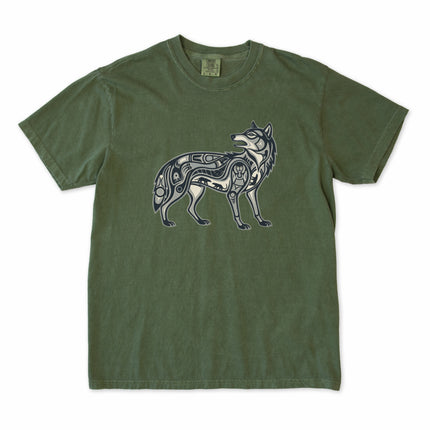 Inuit inspired wolf symbol graphic tee shirt with tribal animal print design.