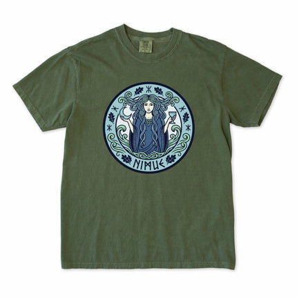 Water sorceress Nimue t-shirt featuring Celtic mythology art and Lady of the Lake imagery.