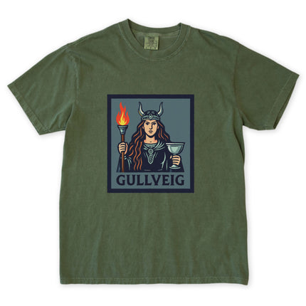 Gullveig Norse goddess illustration t-shirt featuring Viking mythology, torch, and chalice design.