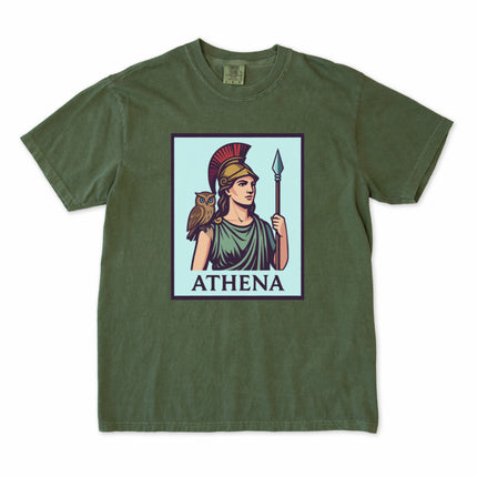 Athena Greek Goddess t-shirt graphic featuring an owl and spear mythology design.