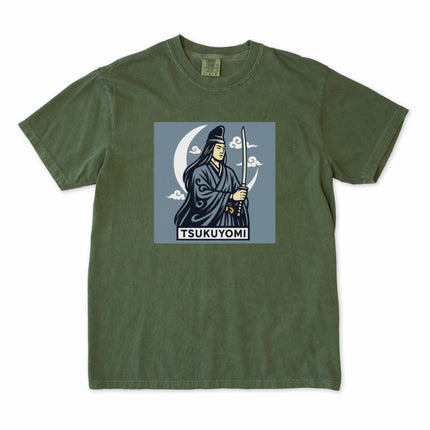 Graphic tee featuring the Japanese Moon God Tsukuyomi, a sword, and crescent moon design.
