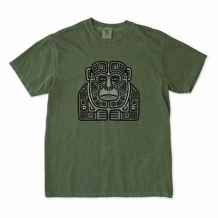 Blue and green geometric Mayan monkey tribal art graphic tee shirt design.