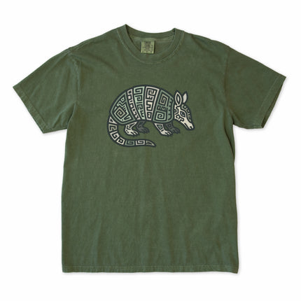 Blue green Mayan armadillo tribal geometric t-shirt graphic print.