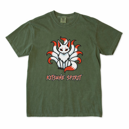 Kitsune nine-tailed fox spirit graphic tee featuring Japanese mythology art.