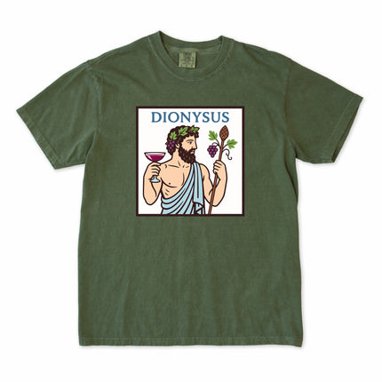 Dionysus Greek god of wine t-shirt graphic featuring mythological art print.