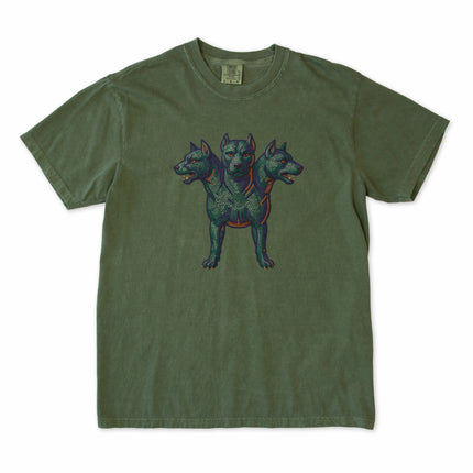 Mosaic t-shirt featuring Cerberus, the three-headed dog of Greek mythology.