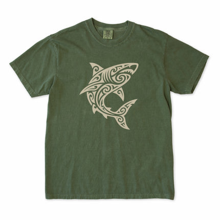 Tribal Polynesian shark graphic t-shirt featuring bold tattoo style art.