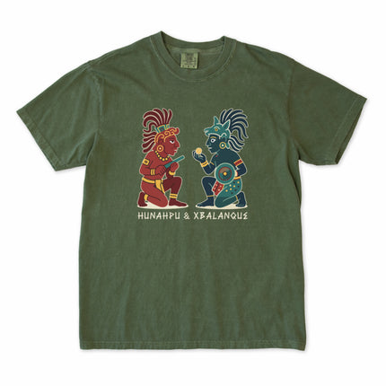 Graphic tee featuring Hunahpu and Xbalanque from Mayan mythology Popol Vuh graphic.