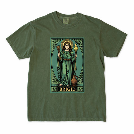 Brigid Celtic goddess t-shirt featuring Irish mythology knotwork, fire motifs, and unisex tee design.