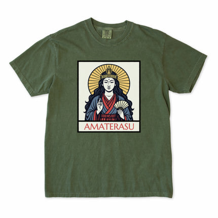 Amaterasu Sun Goddess Japanese mythology graphic tee shirt design featuring divine artwork.