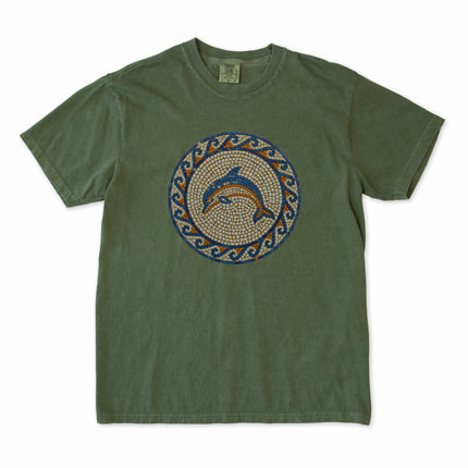 Blue dolphin mosaic t-shirt featuring marine sea life art and a classic Greek key pattern.