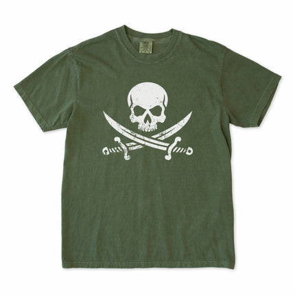 Jolly Roger pirate skull and crossbones graphic tee shirt featuring buccaneer iconography.