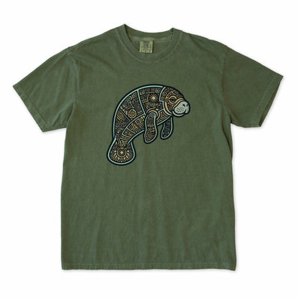 Geometric tribal manatee t-shirt featuring Mayan ocean animal art design.