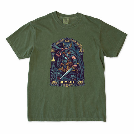 Norse God Heimdall Viking t-shirt graphic featuring Gjallarhorn mythology design.