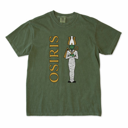 Ancient Osiris Egyptian god tee shirt featuring mythological mummy artwork print.