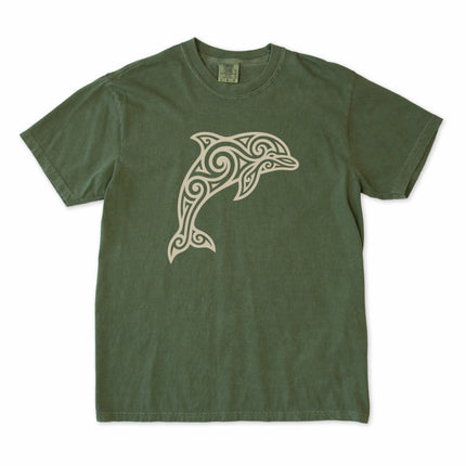 Tribal dolphin swirl art graphic tee shirt featuring an oceanic animal design.