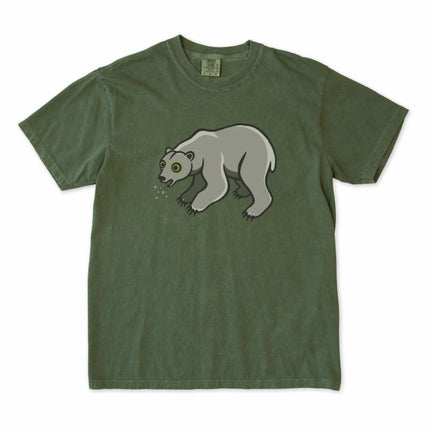 Goofy blue polar bear spitting snow graphic tee shirt design for arctic animal lovers.