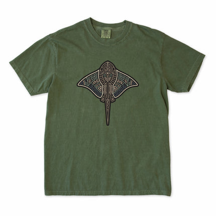 Tribal geometric blue ocean stingray print on a unisex t-shirt.
