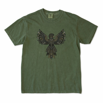 Geometric tribal eagle spirit animal design featuring Mayan and Aztec patterns on a t-shirt.