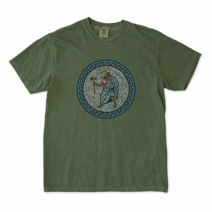 Mosaic print of the Minotaur in a Greek labyrinth style t-shirt featuring mythology art.
