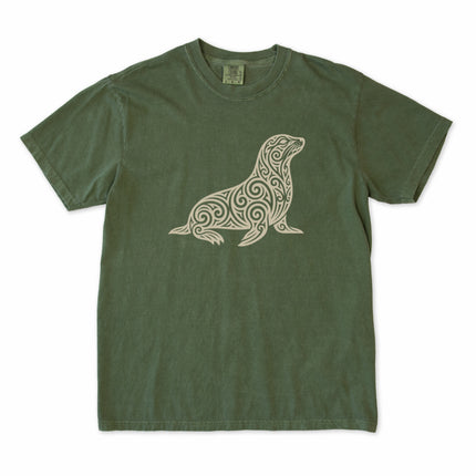 Ornate tribal seal and marine animal graphic printed on a comfortable t-shirt tee.