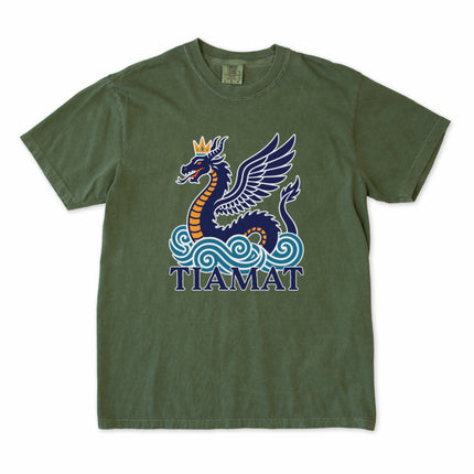 Tiamat sea serpent dragon graphic tee shirt featuring crowned mythology art.
