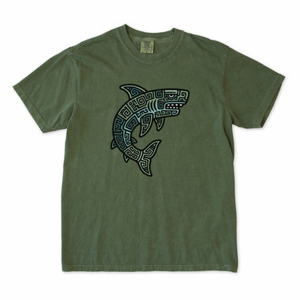 Blue Mayan tribal shark graphic tee with geometric oceanic patterns and comfort colors fit.