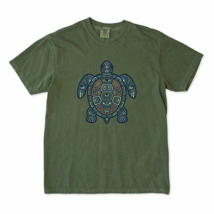 Tribal green sea turtle graphic tee shirt featuring Mayan geometric patterns.