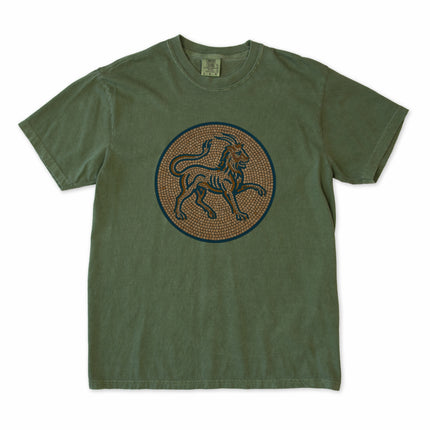 Mosaic chimera t-shirt design featuring blue mythological lion and goat artwork.