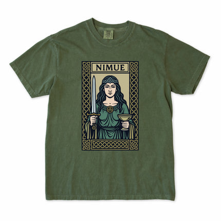 Nimue Lady of the Lake t-shirt featuring Arthurian Celtic sword and chalice graphic art.
