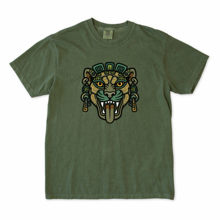 Tribal Mayan jaguar head art graphic on a comfortable t-shirt featuring ancient Mesoamerican design.