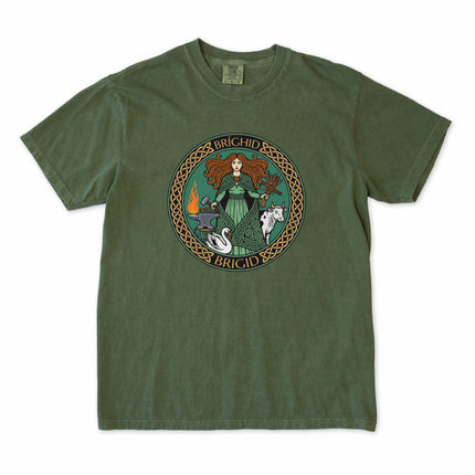 Brighid Celtic goddess t-shirt featuring Irish mythology art with swans, cows, and fire forge motifs.